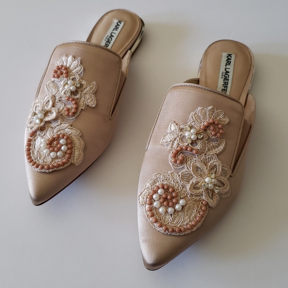 [NEW] Karl Lagerfeld Farica 2 Satin Embroidered Beaded Mules Shoes Size 7.5 - Picture 2 of 7